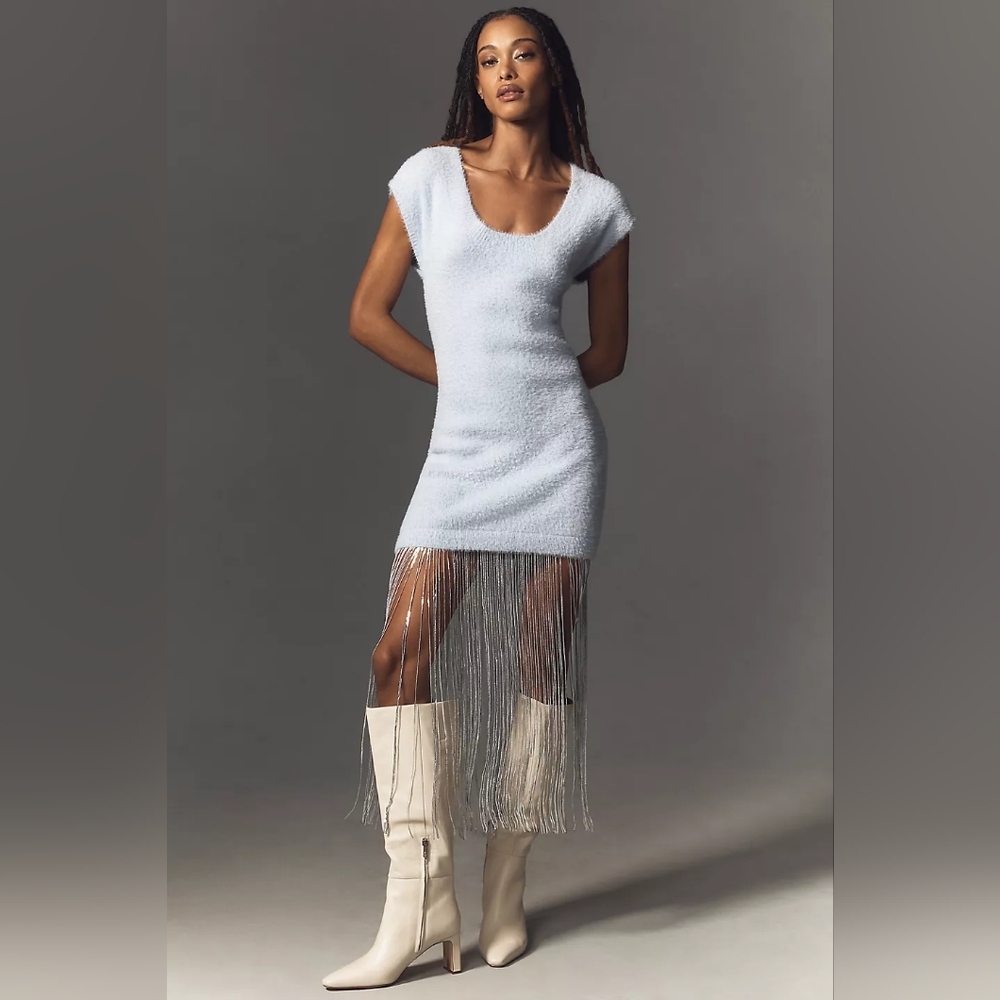Anthropologie Silver Fringe-Trim Sweater Dress Light Pastel Blue NWOT